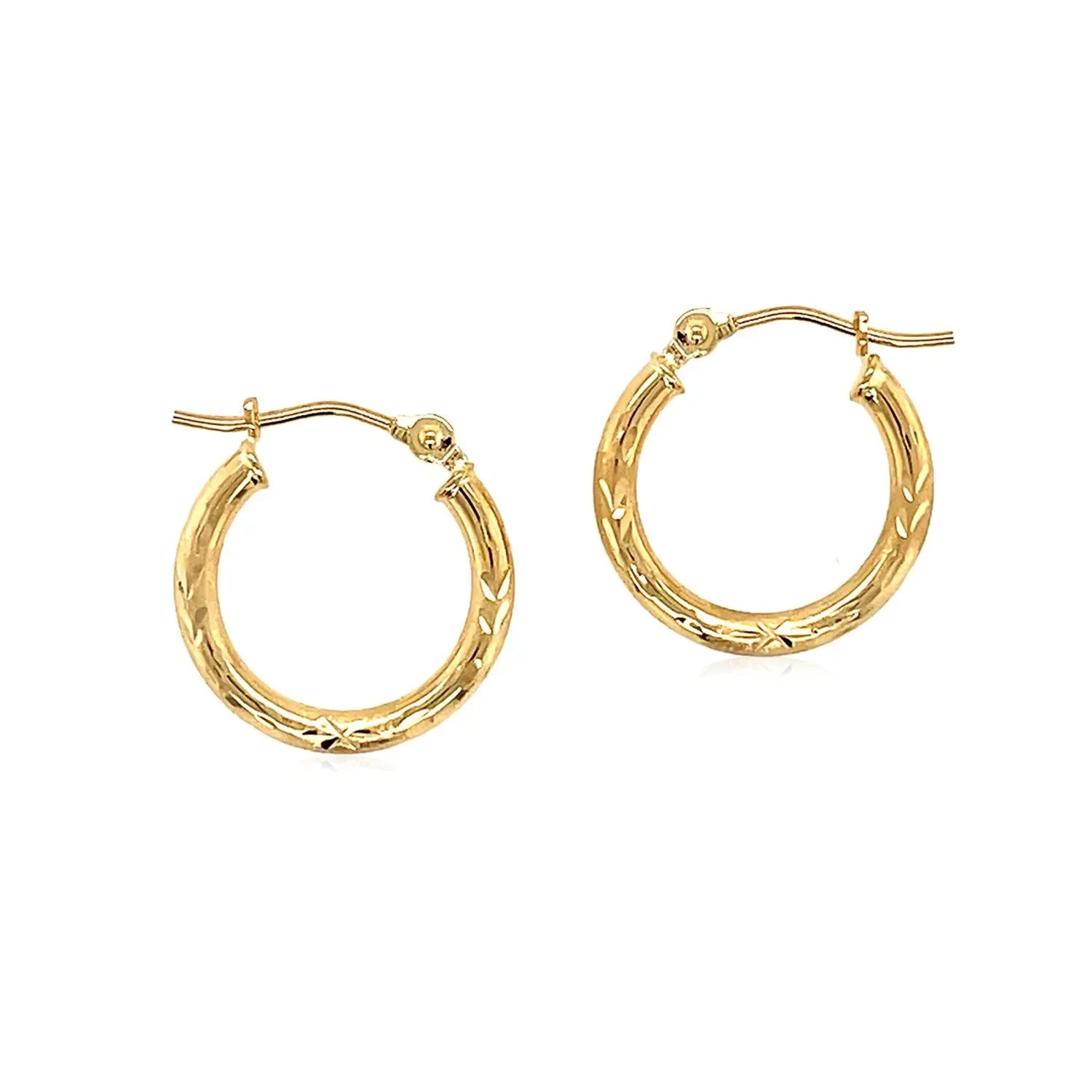 14k Yellow Gold Fancy Diamond Cut Slender Small Hoop Earrings (2x15mm) RCJ Earrings  CELESTIA LUXE JEWELLERS