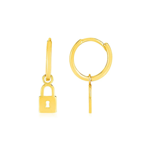 14k Yellow Gold Huggie Style Hoop Earrings with Padlock Drops RCJ Earrings  CELESTIA LUXE JEWELLERS