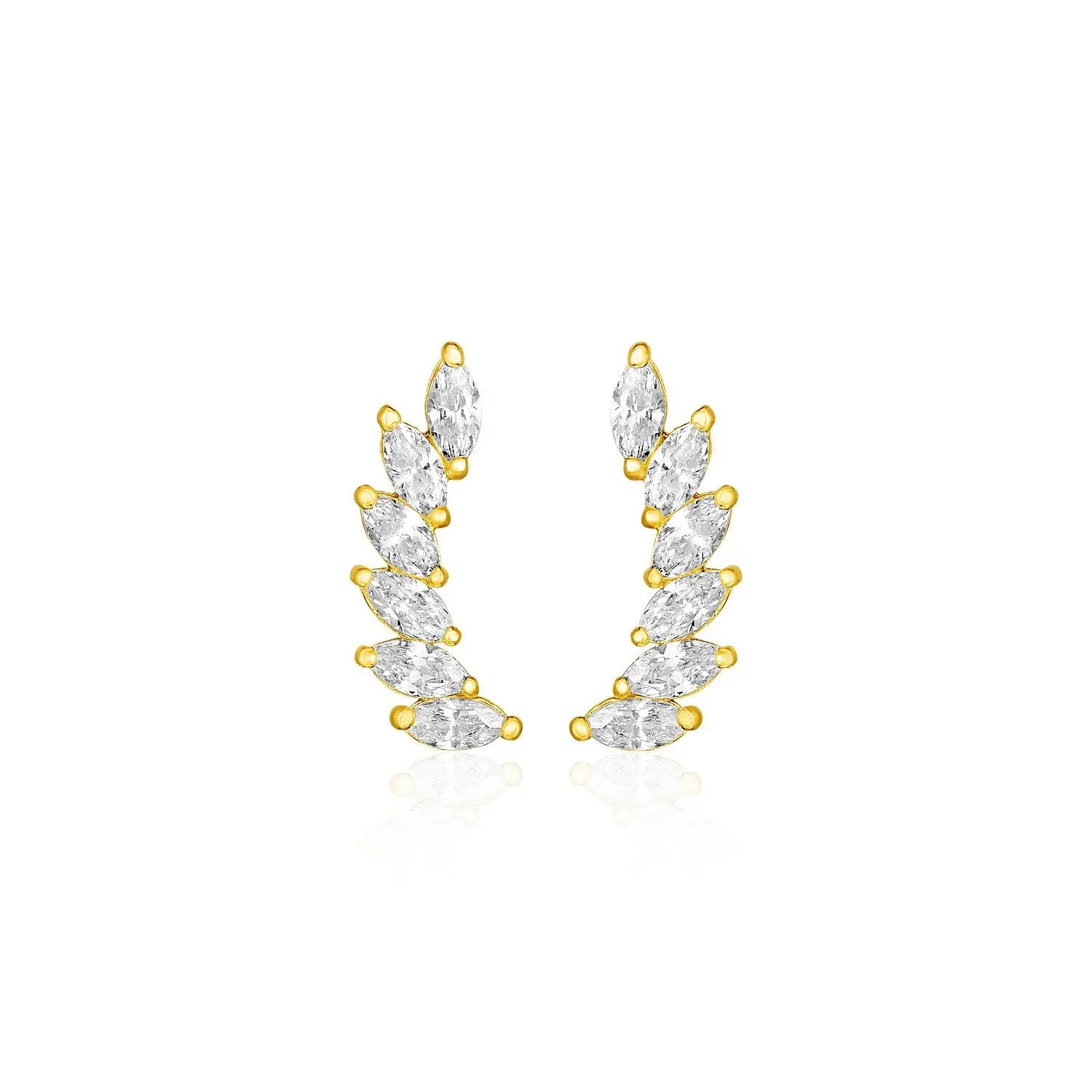 14k Yellow Gold Leaf Motif Climber Post Earrings with Marquise Cubic Zirconias RCJ Earrings  CELESTIA LUXE JEWELLERS