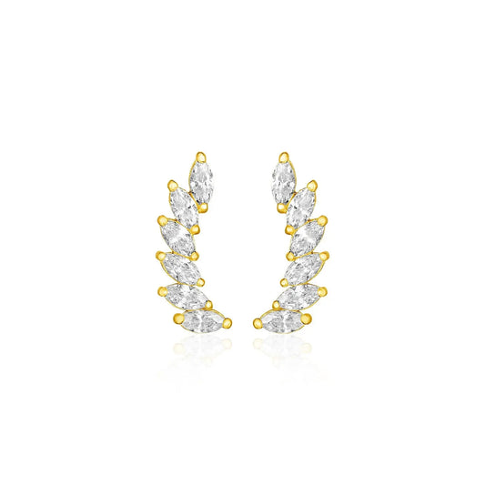 14k Yellow Gold Leaf Motif Climber Post Earrings with Marquise Cubic Zirconias RCJ Earrings  CELESTIA LUXE JEWELLERS