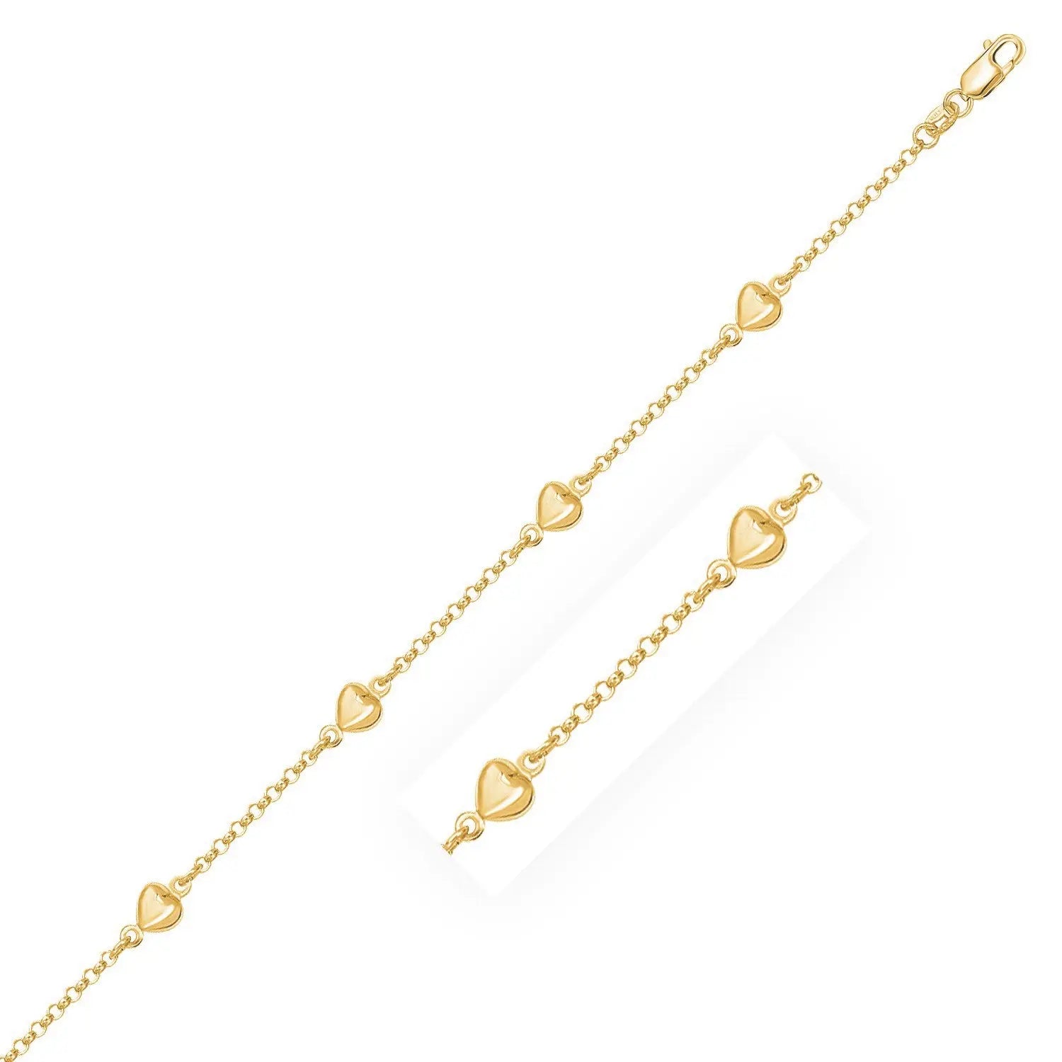 14k Yellow Gold Rolo Chain Bracelet with Puffed Heart Stations (3.30 mm) RCJ Bracelets  CELESTIA LUXE JEWELLERS