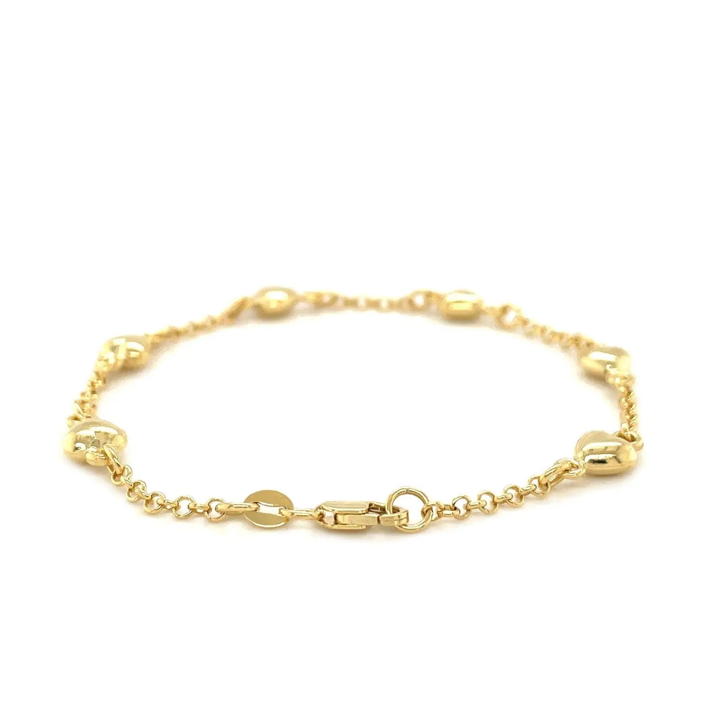 14k Yellow Gold Rolo Chain Bracelet with Puffed Heart Stations (3.30 mm) RCJ Bracelets  CELESTIA LUXE JEWELLERS