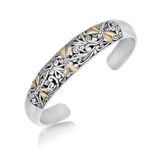 18k Yellow Gold and Sterling Silver Cuff with Dragonfly and Flourishes(12.70 mm) RCJ Bangles  CELESTIA LUXE JEWELLERS