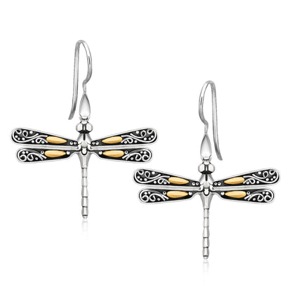 18k Yellow Gold and Sterling Silver Dragonfly Motif Drop Earrings RCJ Earrings  CELESTIA LUXE JEWELLERS