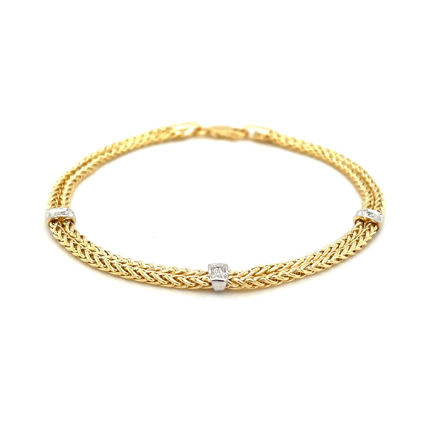 14k Two-Tone Gold Dual Wheat Chain Bracelet with Diamond Stations (3.75 mm) RCJ Bracelets  CELESTIA LUXE JEWELLERS