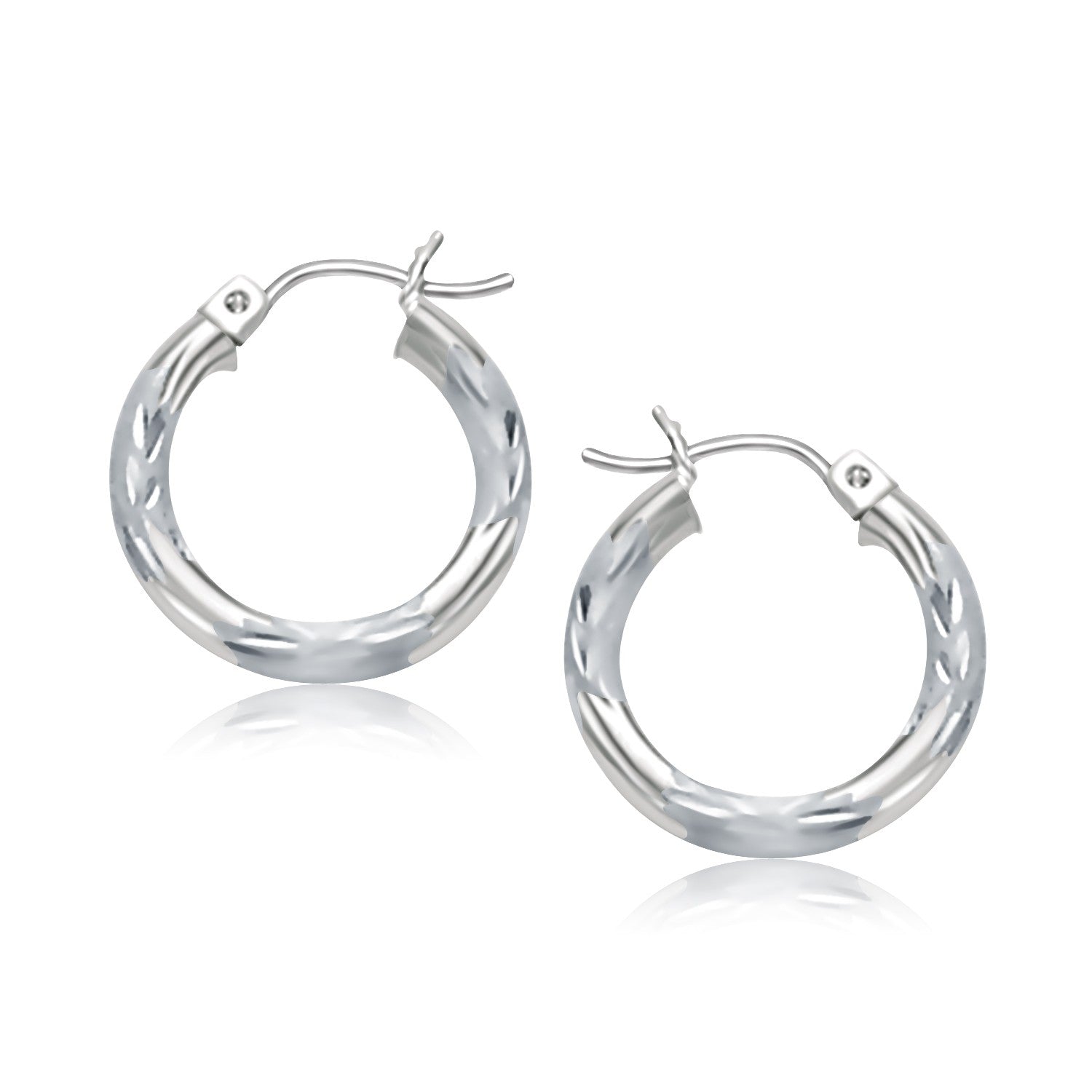 14k White Gold Hoop Earrings with Diamond Cuts (3x15mm) RCJ Earrings  CELESTIA LUXE JEWELLERS