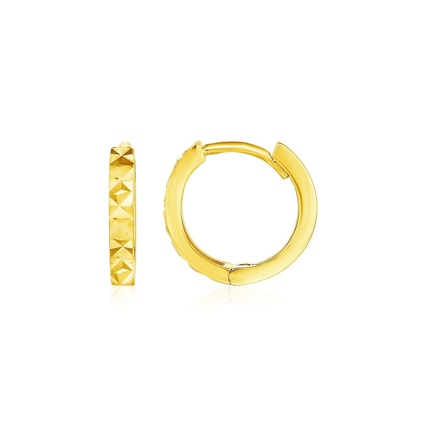 14k Yellow Gold Petite Round Hoop Earrings with Geometric Texture RCJ Earrings  CELESTIA LUXE JEWELLERS