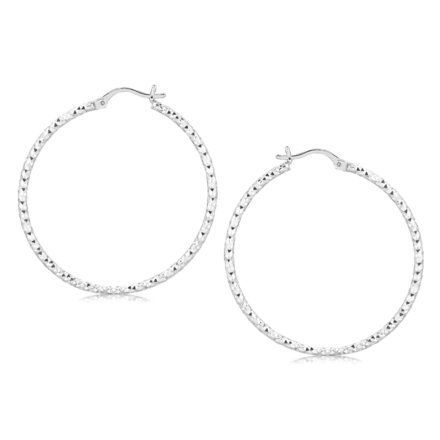 Sterling Silver Rhodium Plated Large Faceted Style Hoop Earrings(2x40mm) RCJ Earrings  CELESTIA LUXE JEWELLERS