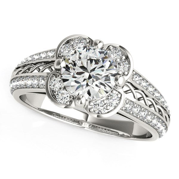 Round Diamond Floral Motif Engagement Ring in 14k White Gold (1 3/8 cttw) RCJ Rings  CELESTIA LUXE JEWELLERS