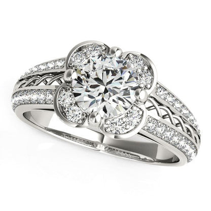 Round Diamond Floral Motif Engagement Ring in 14k White Gold (1 3/8 cttw) RCJ Rings  CELESTIA LUXE JEWELLERS