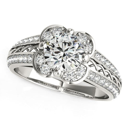 Round Diamond Floral Motif Engagement Ring in 14k White Gold (1 3/8 cttw) RCJ Rings  CELESTIA LUXE JEWELLERS