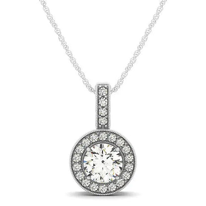 Milgrain Edge Diamond Halo Pendant in 14k White Gold (5/8 cttw) RCJ Necklaces  CELESTIA LUXE JEWELLERS