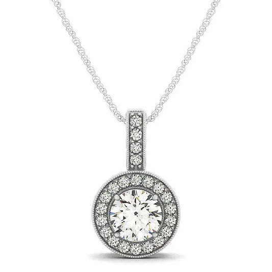 Milgrain Edge Diamond Halo Pendant in 14k White Gold (5/8 cttw) RCJ Necklaces  CELESTIA LUXE JEWELLERS
