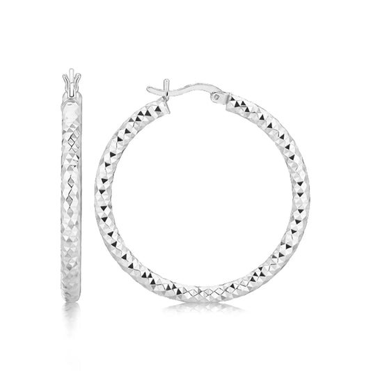 Sterling Silver Faceted Motif Large Hoop Earrings with Rhodium Plating(4x25mm) RCJ Earrings  CELESTIA LUXE JEWELLERS