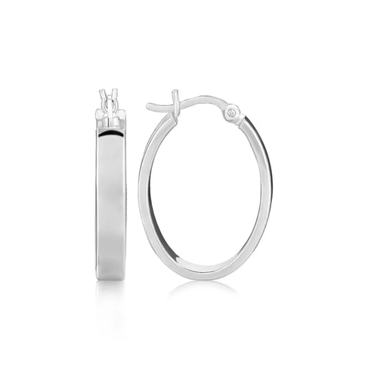 Sterling Silver Flat Style Oval Hoop Earrings with Rhodium Plating(4x14mm) RCJ Earrings  CELESTIA LUXE JEWELLERS