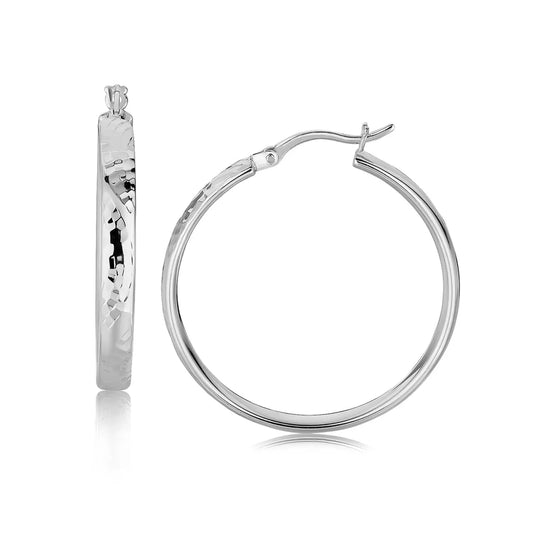 Sterling Silver Hammered Style Hoop Earrings with Rhodium Plating (4x30mm) RCJ Earrings  CELESTIA LUXE JEWELLERS