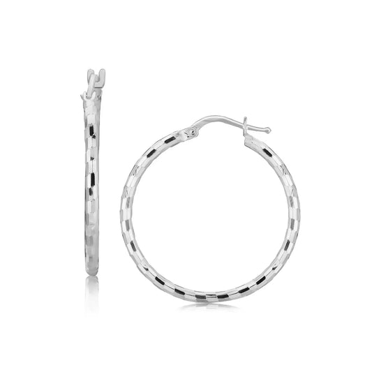Sterling Silver Hoop Design Diamond Cut Earrings with Rhodium Plating (2x26mm) RCJ Earrings  CELESTIA LUXE JEWELLERS