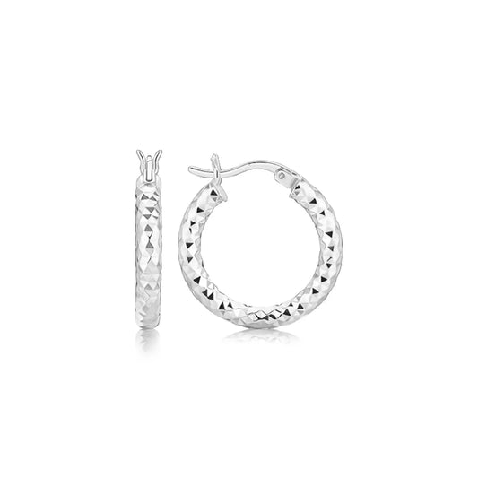 Sterling Silver Polished Rhodium Plated Faceted Hoop Style Earrings(3x15mm) RCJ Earrings  CELESTIA LUXE JEWELLERS