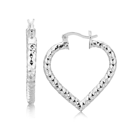 Sterling Silver Rhodium Plated Heart Style Hoop Diamond Cut Earrings(3x22mm) RCJ Earrings  CELESTIA LUXE JEWELLERS
