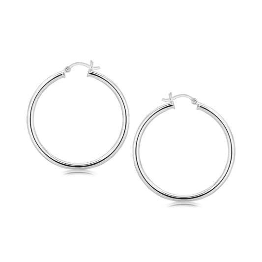 Sterling Silver Rhodium Plated Large Polished Classic Hoop Earrings (3x40mm) RCJ Earrings  CELESTIA LUXE JEWELLERS