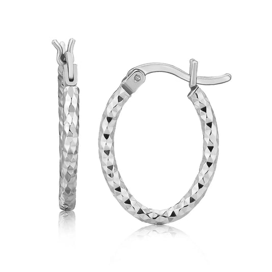 Sterling Silver Rhodium Plated Oval Hoop Diamond Cut Textured Earrings(2x10mm) RCJ Earrings  CELESTIA LUXE JEWELLERS