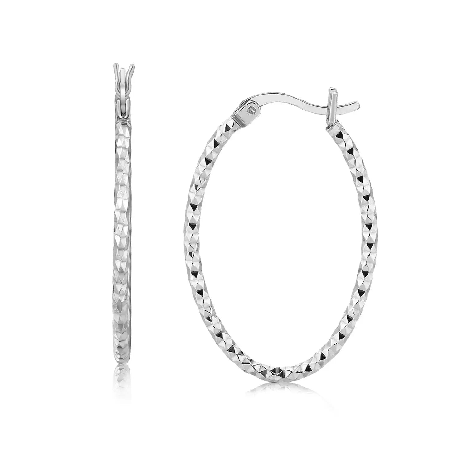Sterling Silver Rhodium Plated Textured Diamond Cut Hoop Earrings(2x25mm) RCJ Earrings  CELESTIA LUXE JEWELLERS