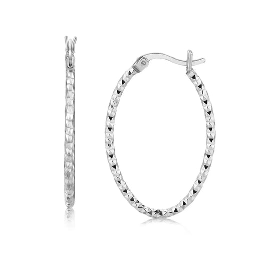 Sterling Silver Rhodium Plated Textured Diamond Cut Hoop Earrings(2x25mm) RCJ Earrings  CELESTIA LUXE JEWELLERS