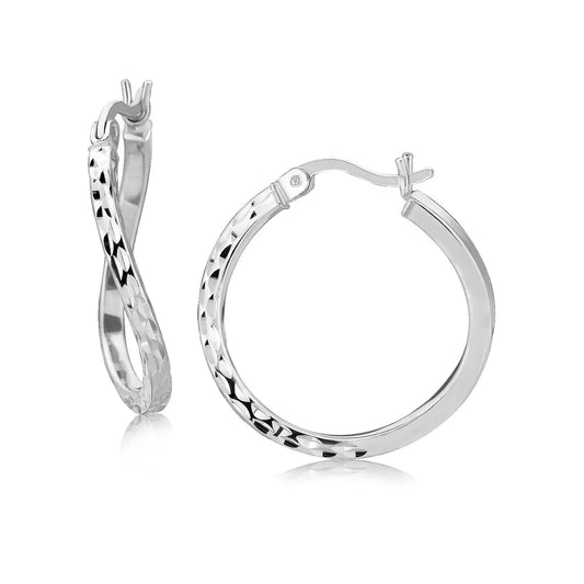Sterling Silver Rhodium Plated Twist Style Hoop Diamond Cut Earrings (2x20mm) RCJ Earrings  CELESTIA LUXE JEWELLERS