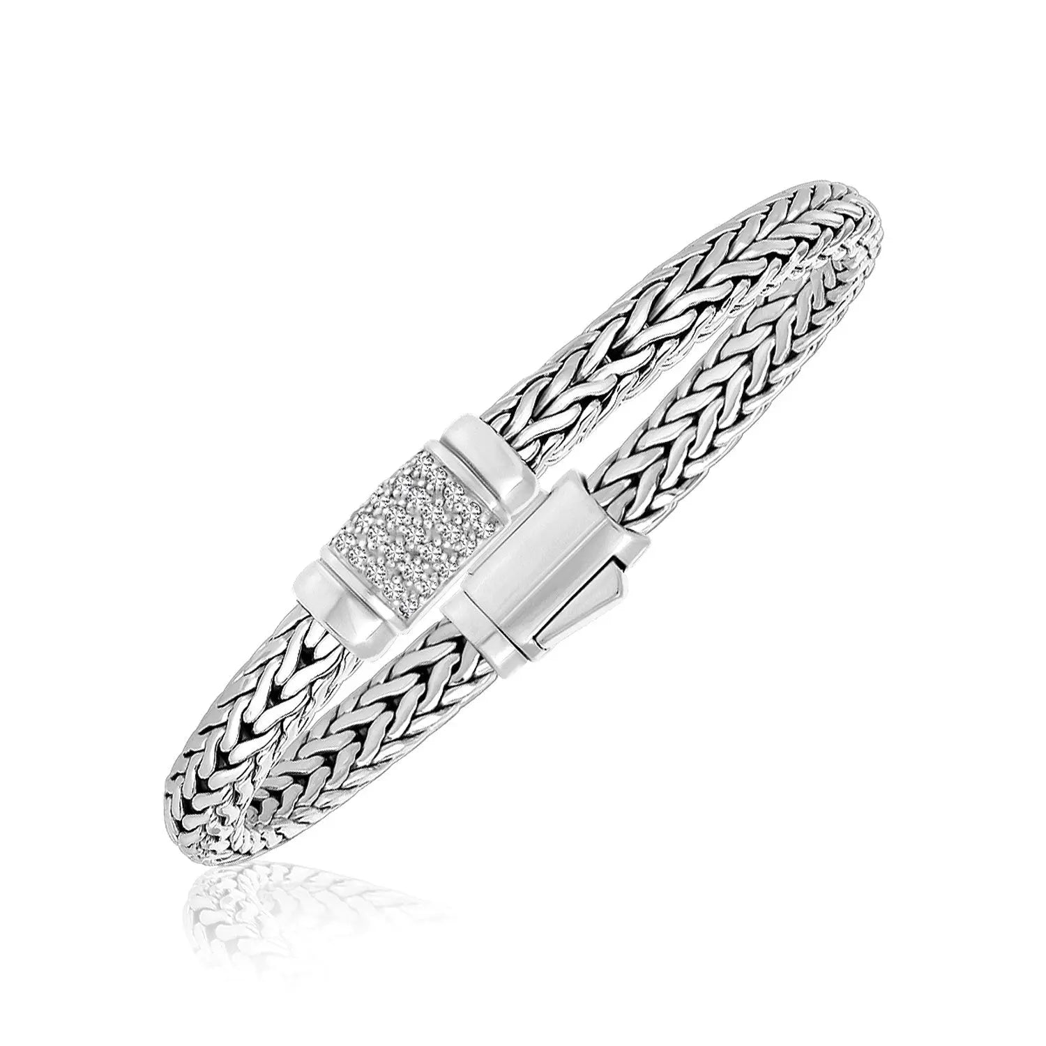 Sterling Silver Weave Motif Bracelet with White Sapphire Accents (6.35 mm) RCJ Bracelets  CELESTIA LUXE JEWELLERS