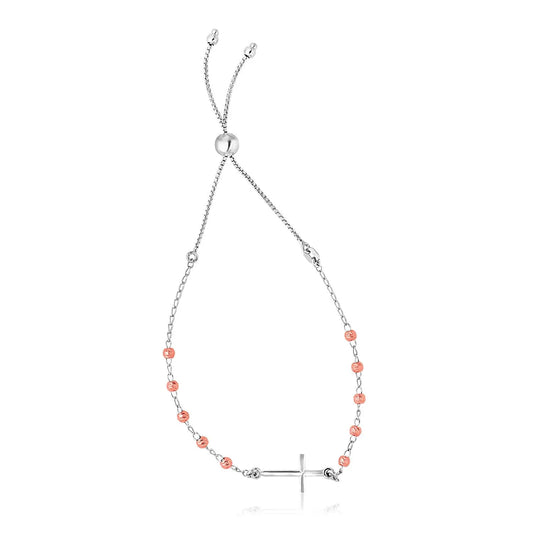 Sterling Silver White and Rose Finish Adjustable Bracelet with Cross (1.20 mm) RCJ Bracelets  CELESTIA LUXE JEWELLERS