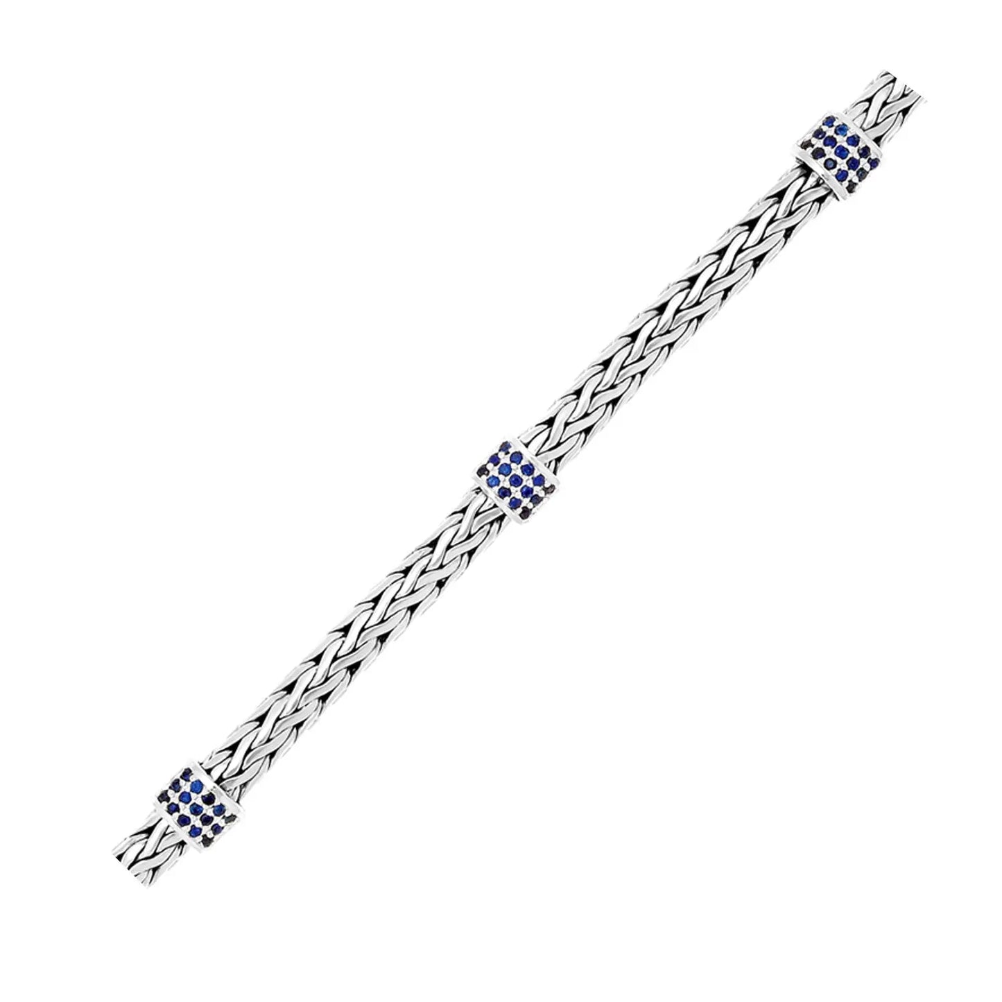 Sterling Silver Woven Bracelet with Blue Sapphire Stations (6.35 mm) RCJ Bracelets  CELESTIA LUXE JEWELLERS