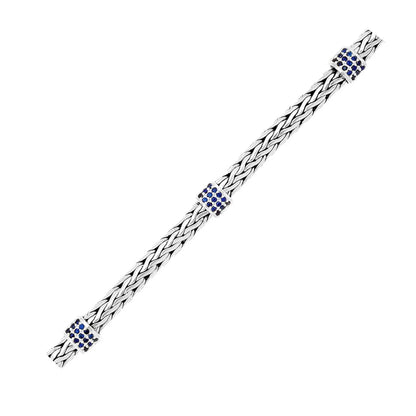 Sterling Silver Woven Bracelet with Blue Sapphire Stations (6.35 mm) RCJ Bracelets  CELESTIA LUXE JEWELLERS