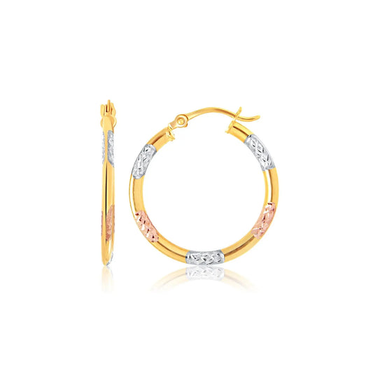 Tri-Color Hoop Earrings with Diamond Cut Accents in 14k Gold(2x15mm) RCJ Earrings  CELESTIA LUXE JEWELLERS