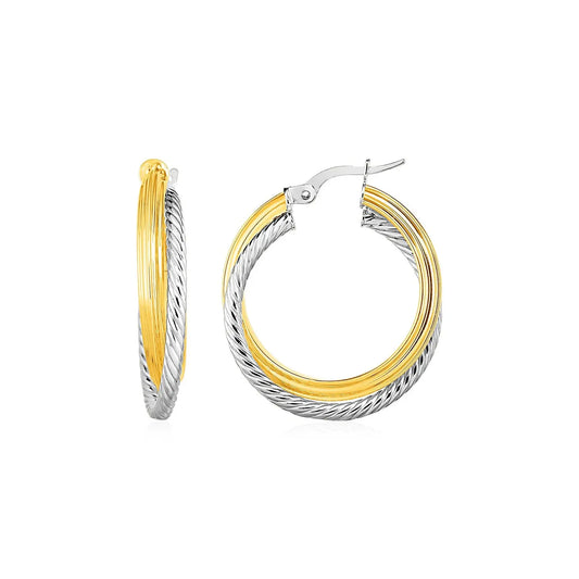 Two Part Textured and Shiny Hoop Earrings in 14k Yellow and White Gold(4x20mm) RCJ Earrings  CELESTIA LUXE JEWELLERS